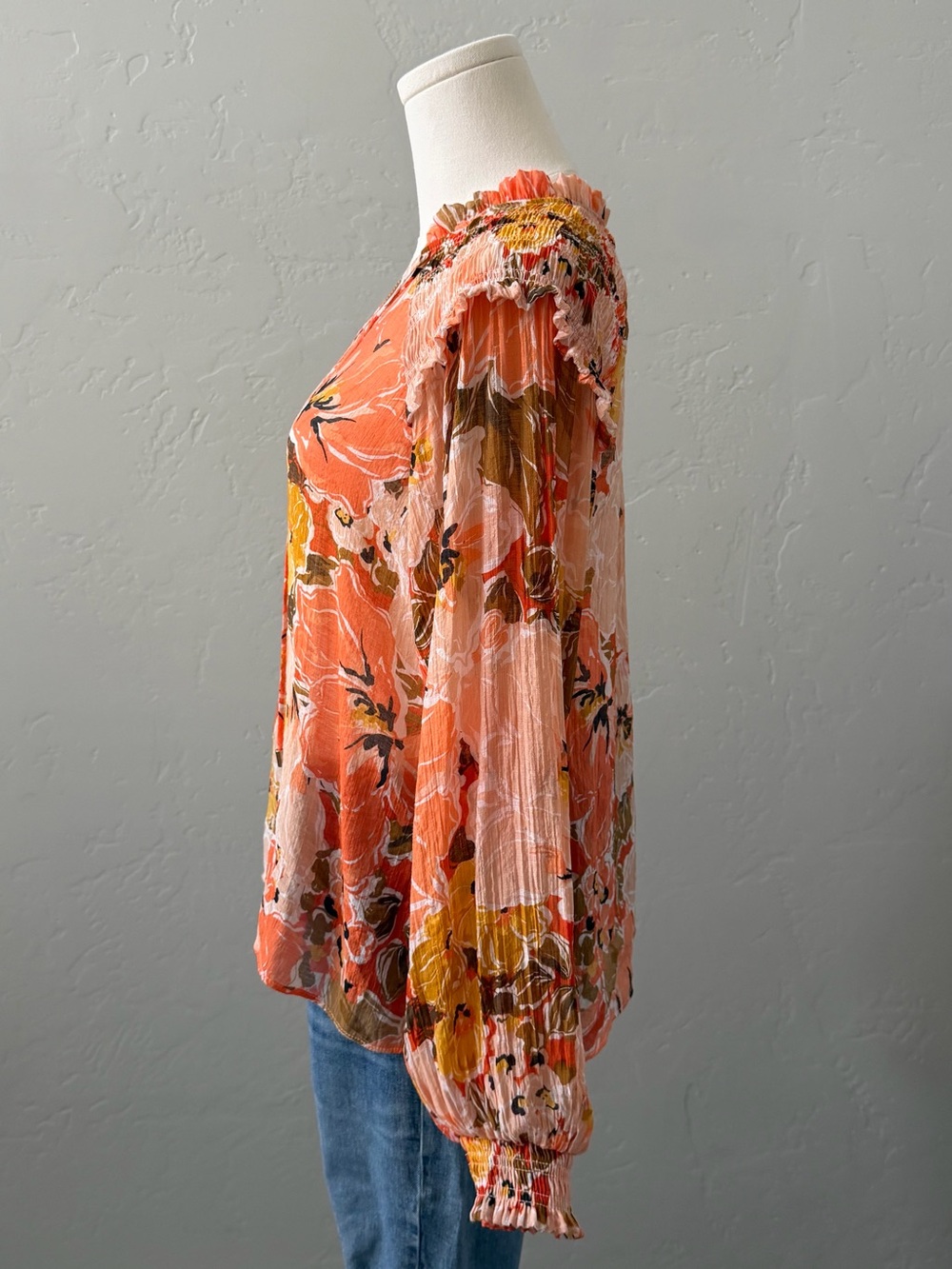 MINKPINK Dex Floral Blouse XS Coral Sheer Boho Long Sleeve Feminine - Picture 4 of 14